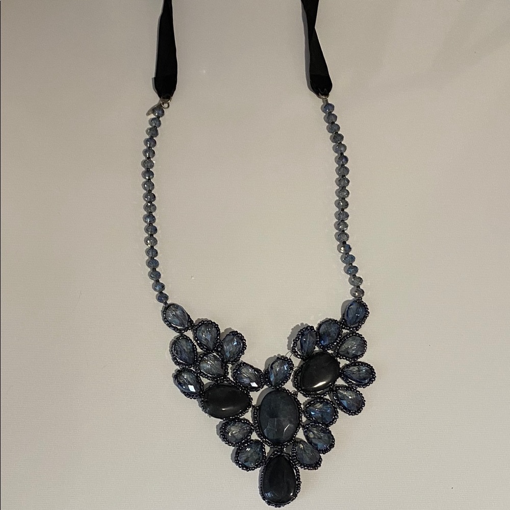 Tasha bib necklace, black crystal with ribbon tie